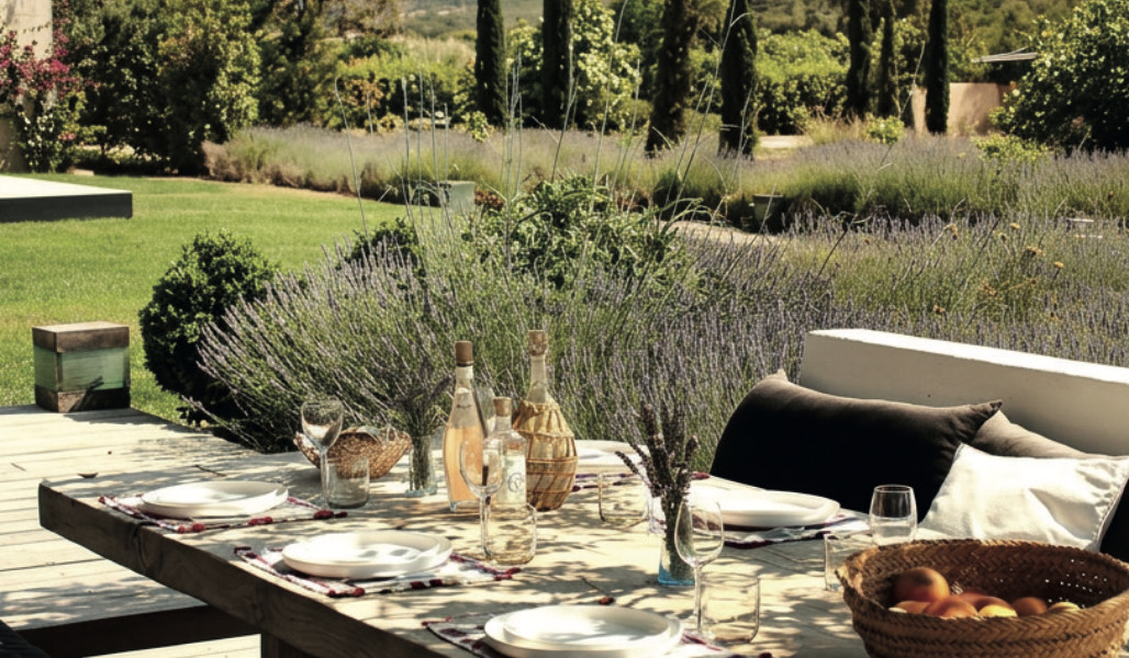 Table dressée en extérieur au milieu des lavandes, en Provence